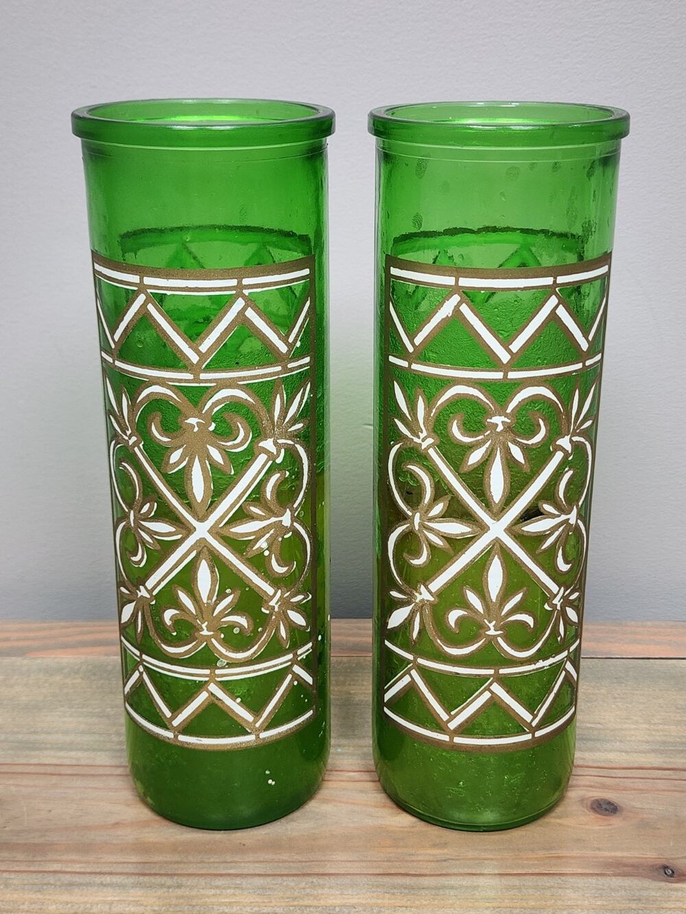 Vintage Green Glass Pillar Candles Geometric Lattice 9" Set Of 2